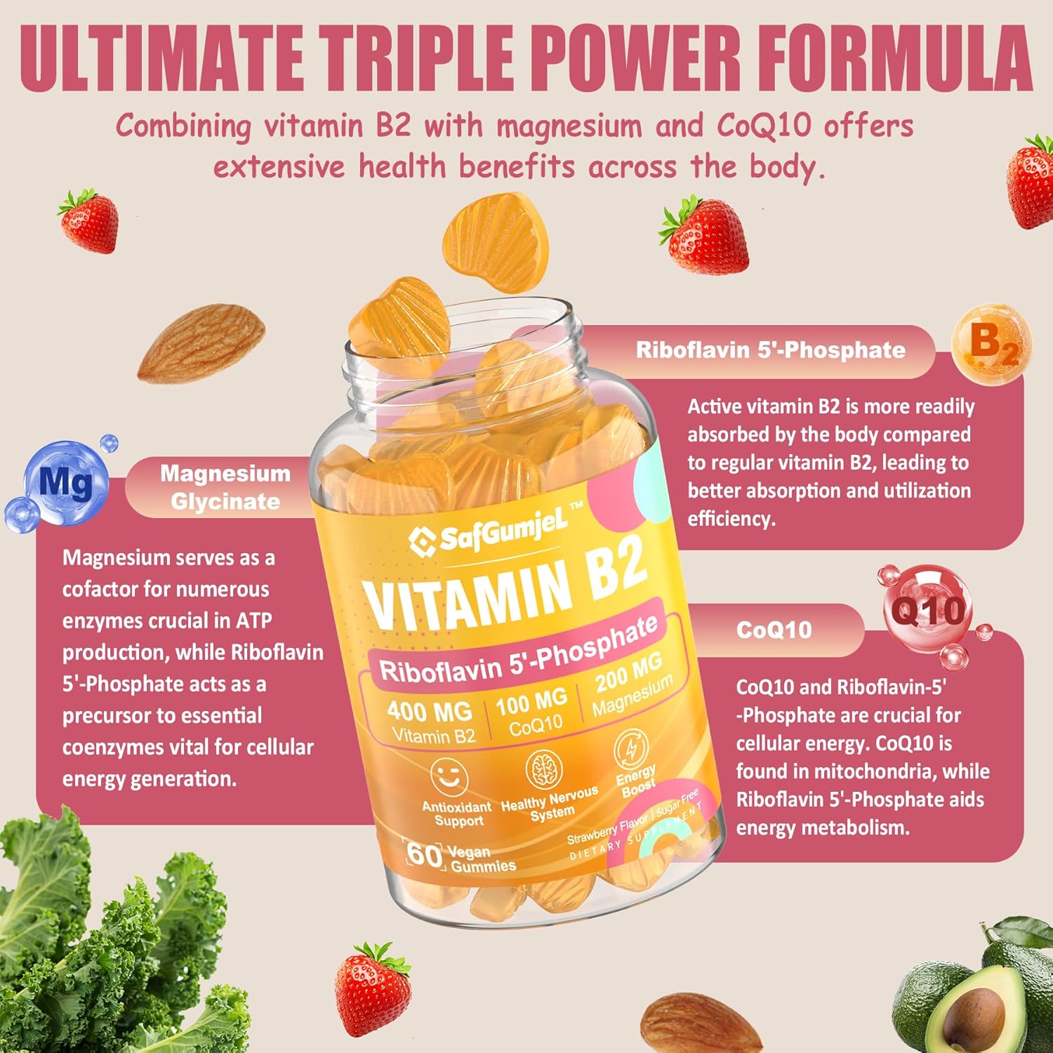 Sugar-Free Vitamin B2 Gummies with Hydrolyzed Collagen Peptides for Hair, Skin & Nails