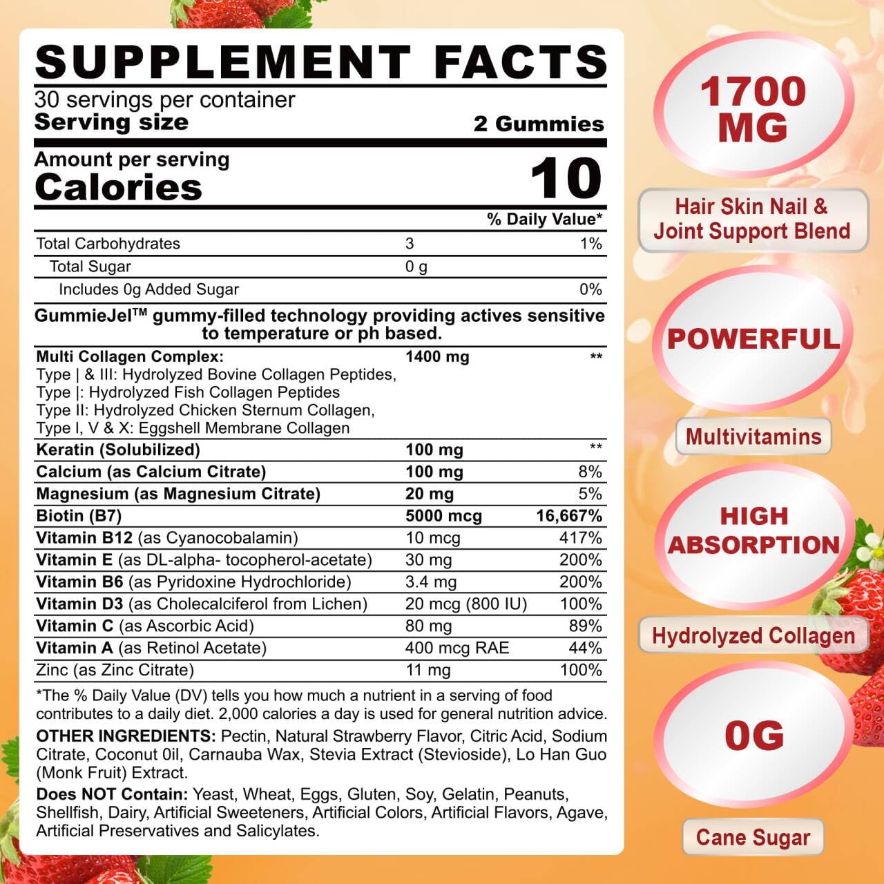Sugar-Free Vitamin B2 Gummies with Hydrolyzed Collagen Peptides for Hair, Skin & Nails