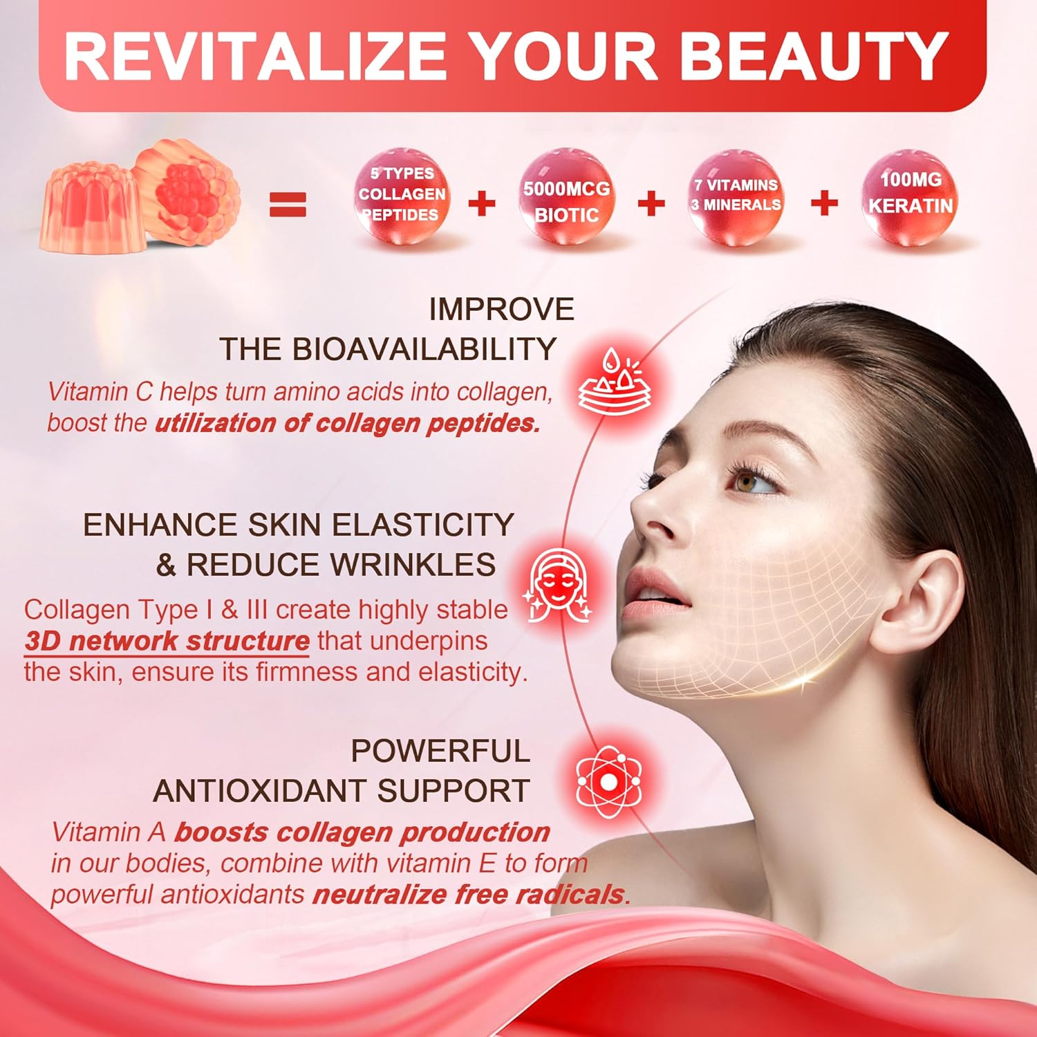 Sugar-Free Vitamin B2 Gummies with Hydrolyzed Collagen Peptides for Hair, Skin & Nails