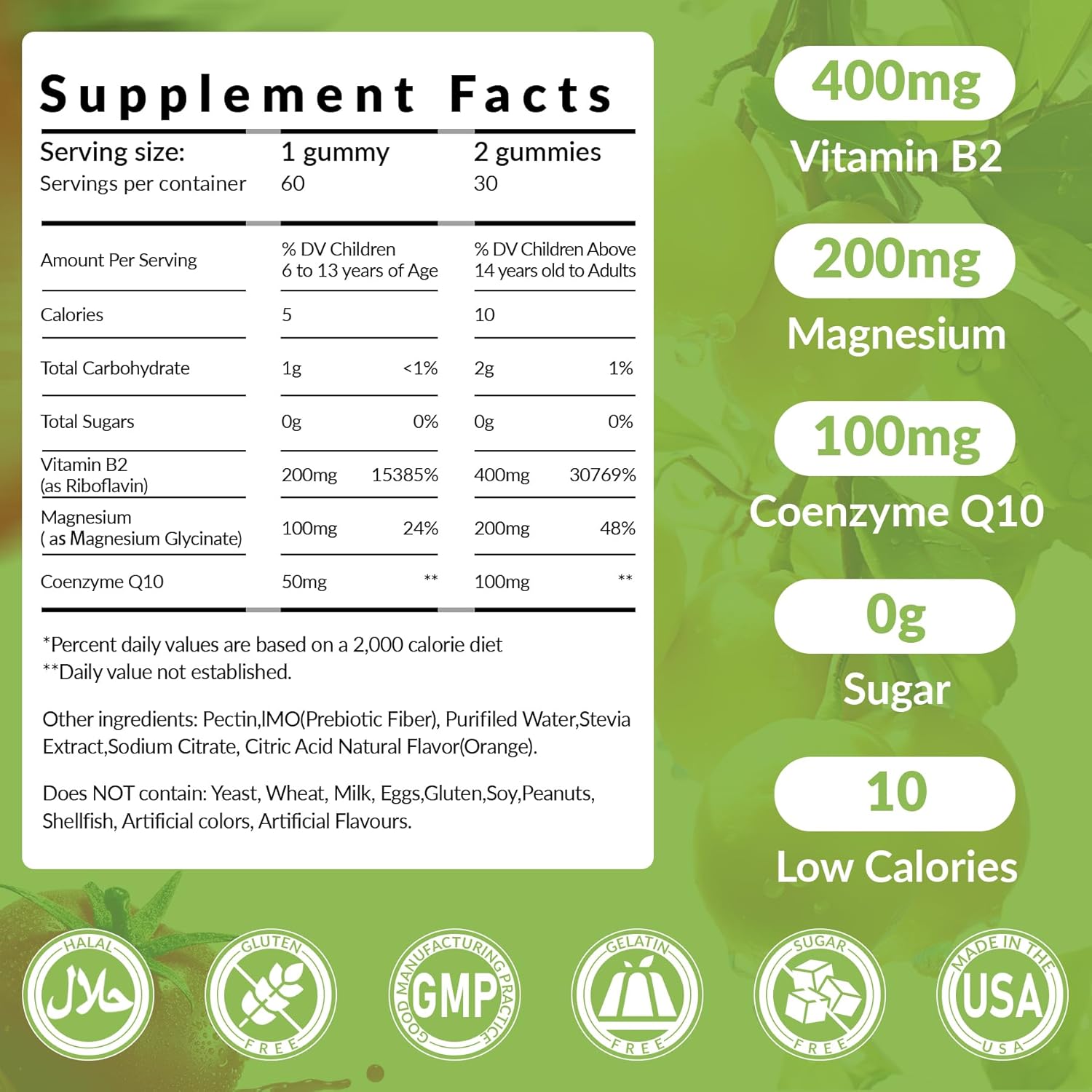 Sugar Free Vitamin B2 Gummies with Riboflavin 400mg & Magnesium for Adults & Kids - Vegan, CoQ10, 60 Count