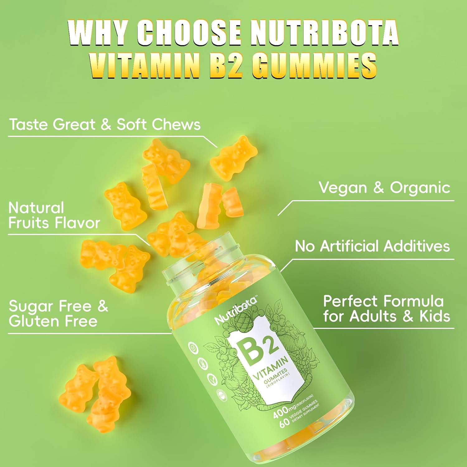 Sugar Free Vitamin B2 Gummies with Riboflavin 400mg & Magnesium for Adults & Kids - Vegan, CoQ10, 60 Count