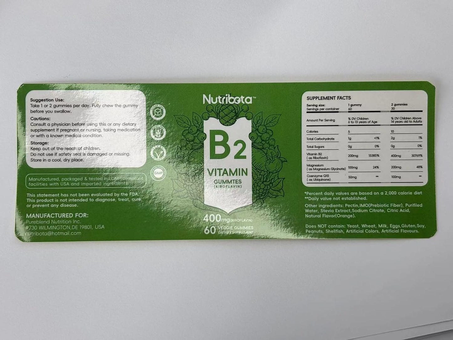 Sugar Free Vitamin B2 Gummies with Riboflavin 400mg & Magnesium for Adults & Kids - Vegan, CoQ10, 60 Count