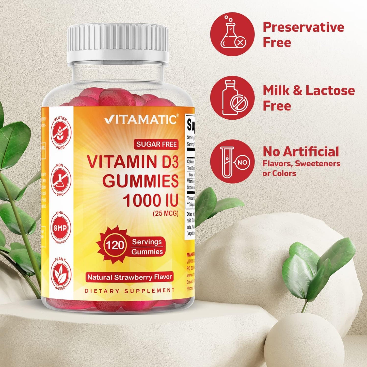 Sugar-Free Vitamin D3-120 Pectin Gummies for Healthy Bones, Mood & Immune System - Non-GMO - 120 Servings (1000 IU)