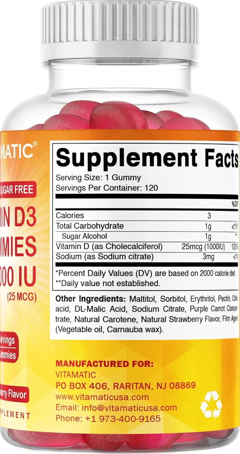 Sugar-Free Vitamin D3-120 Pectin Gummies for Healthy Bones, Mood & Immune System - Non-GMO - 120 Servings (1000 IU)