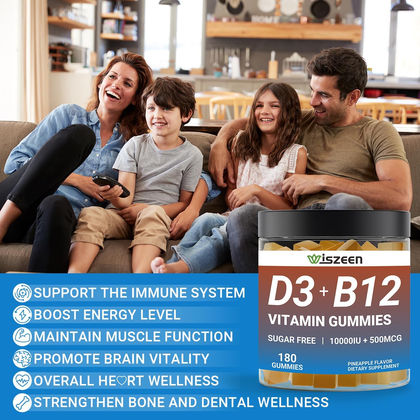 Sugar-Free Vitamin D3 + B12 Gummies for Adults - High Potency 10000IU D3 & 500 mcg B12 with Vitamin C & K2 - Energy, Bone, Immune Support