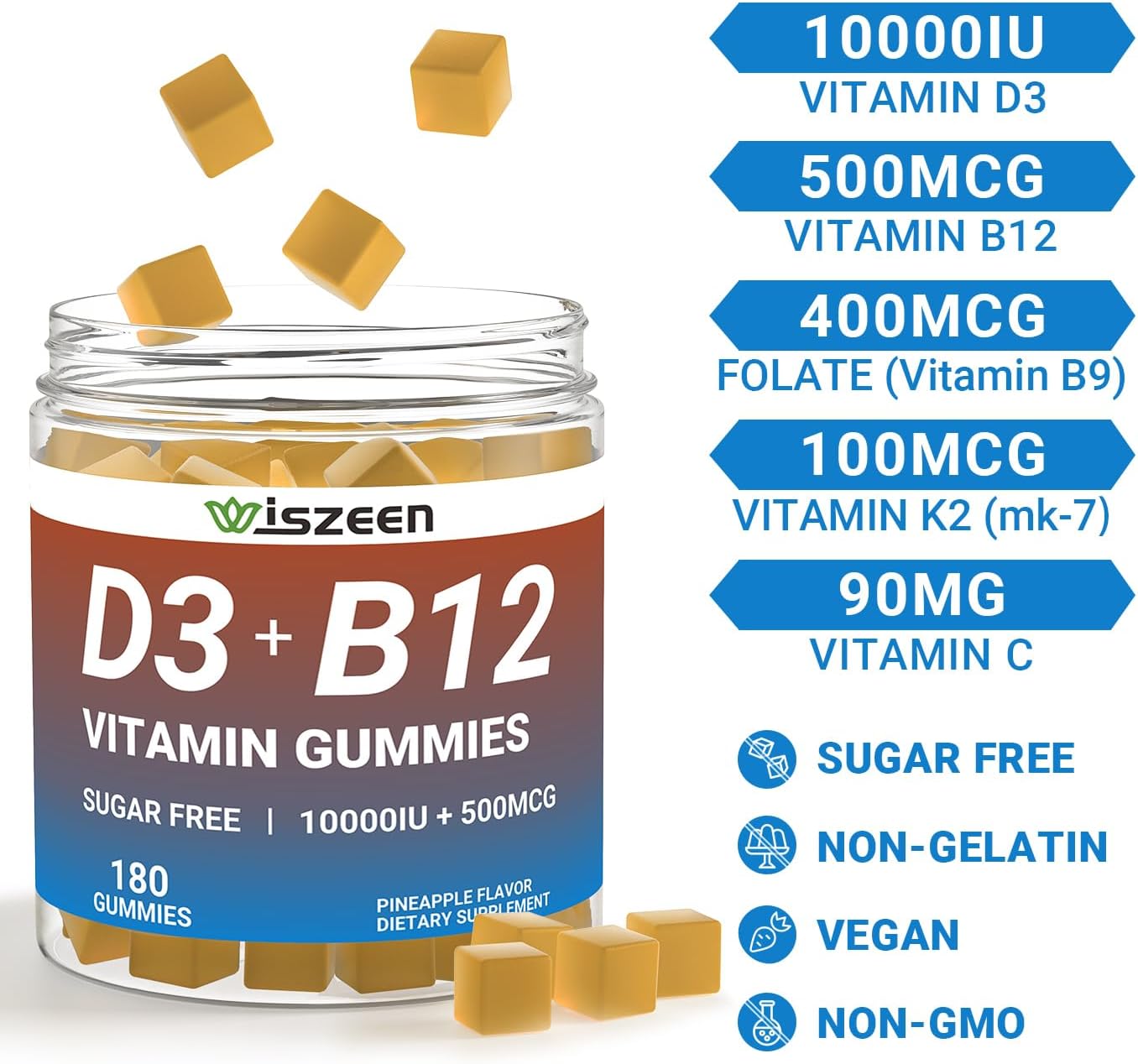 Sugar-Free Vitamin D3 + B12 Gummies for Adults - High Potency 10000IU D3 & 500 mcg B12 with Vitamin C & K2 - Energy, Bone, Immune Support
