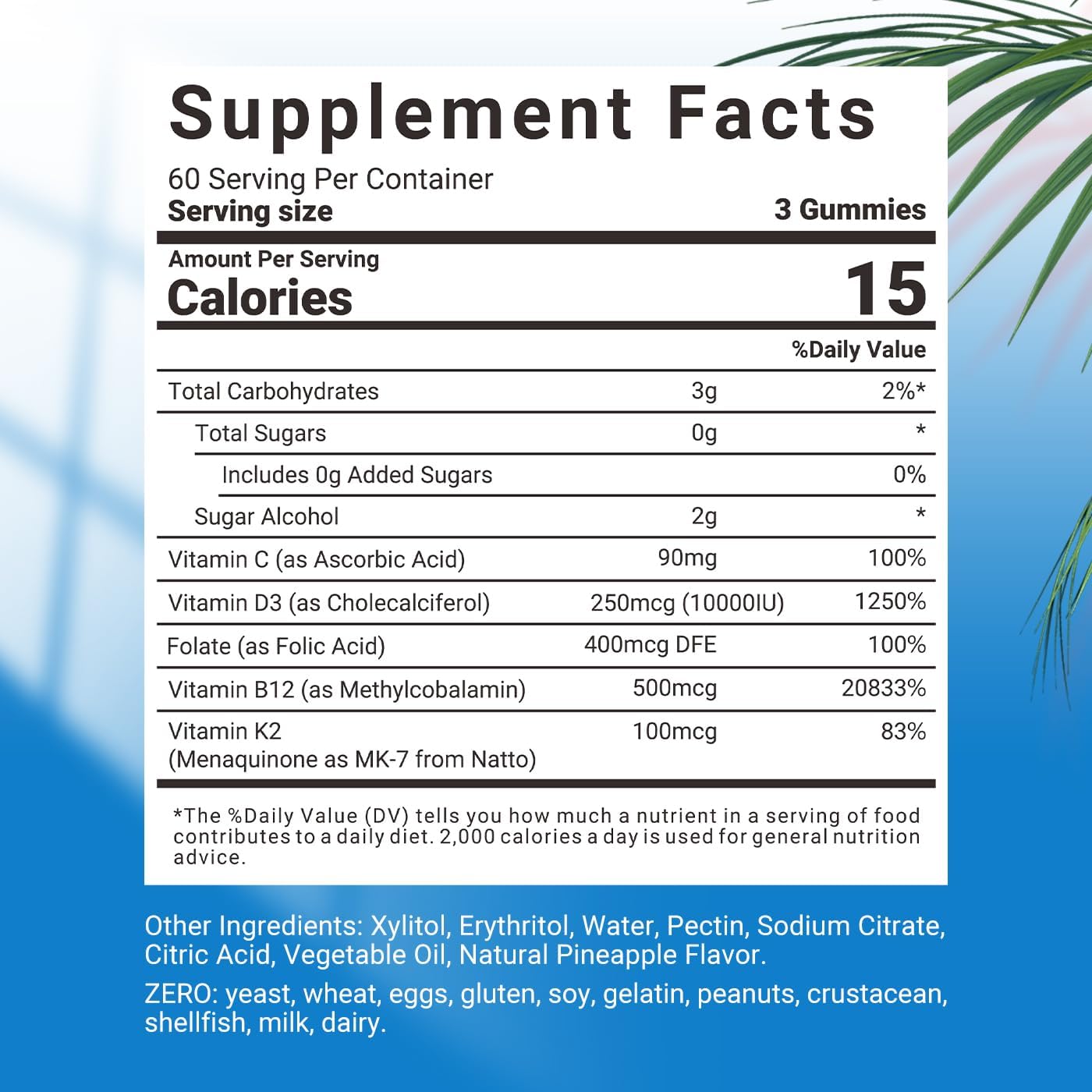 Sugar-Free Vitamin D3 + B12 Gummies for Adults - High Potency 10000IU D3 & 500 mcg B12 with Vitamin C & K2 - Energy, Bone, Immune Support