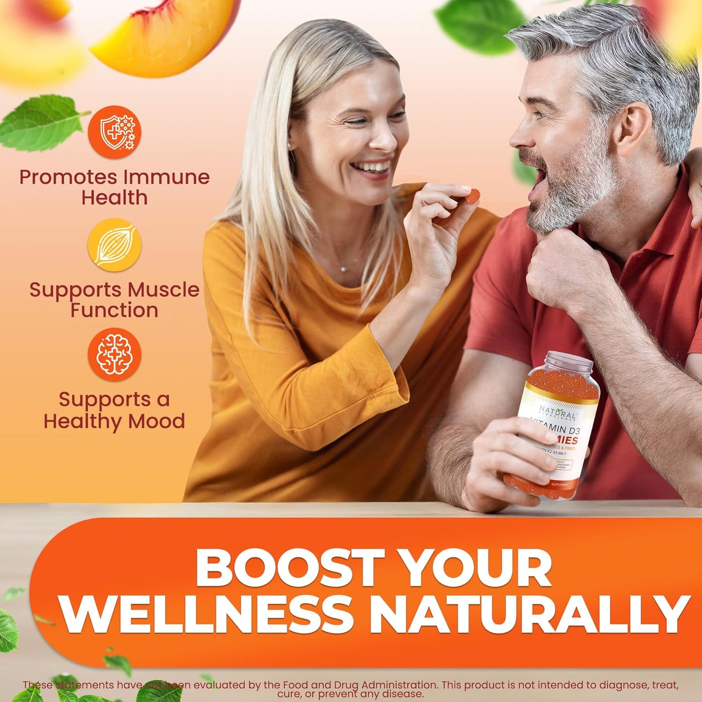 Sugar-Free Vitamin D3 K2 Gummies - High Potency Vitamin D3 5000 IU + K2 MK7 80 mcg Supplement for Adults - Bone, Immune, Heart, and Mood Support - Natural Peach Flavor - Gluten-Free and Non-GMO