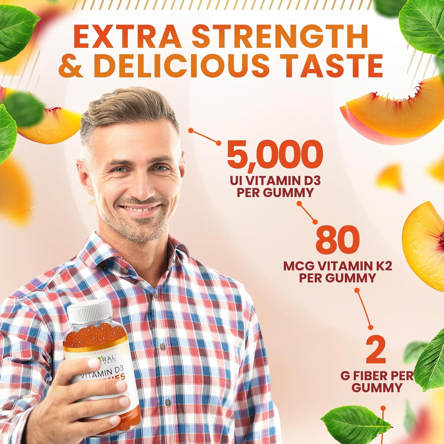 Sugar-Free Vitamin D3 K2 Gummies - High Potency Vitamin D3 5000 IU + K2 MK7 80 mcg Supplement for Adults - Bone, Immune, Heart, and Mood Support - Natural Peach Flavor - Gluten-Free and Non-GMO