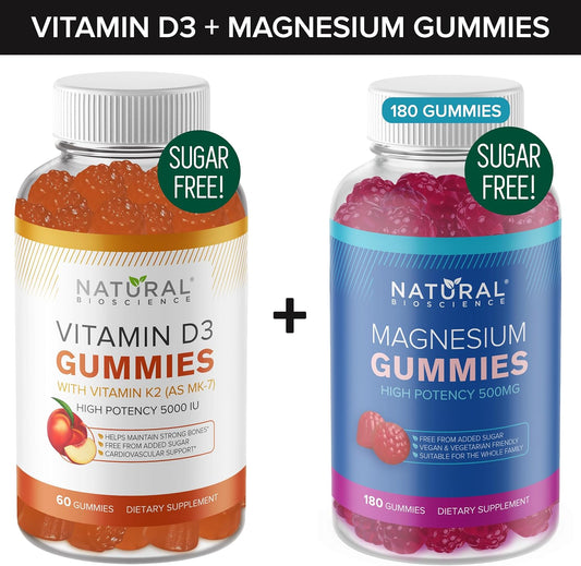 Sugar Free Vitamin D3 K2 Gummies (60 Gummies) + Extra Strength Magnesium Gummies (180 Gummies) - 5000 IU D3 + 80 mcg K2 & 500 mg Magnesium Citrate
