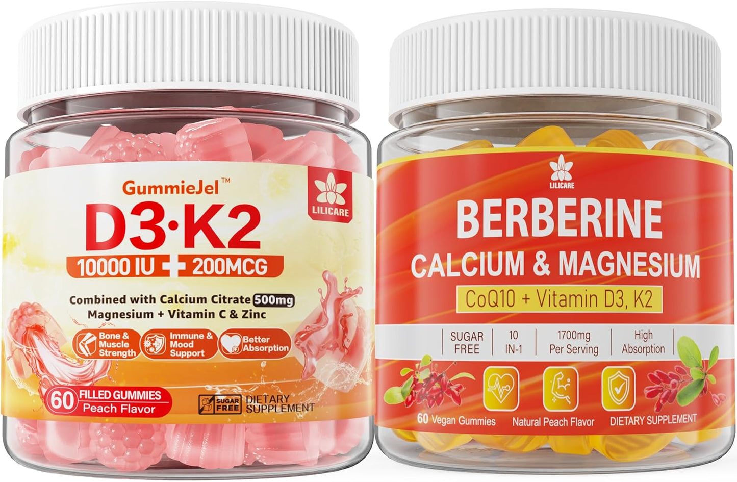 Sugar-Free Vitamin D3 K2 Gummies with Calcium, Magnesium, Vitamin C + Berberine Supplement