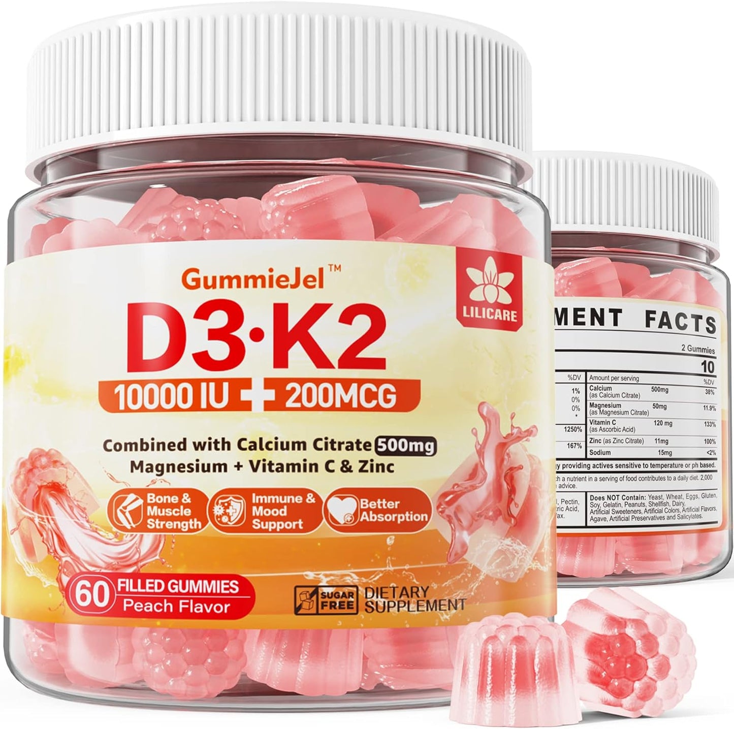 Sugar-Free Vitamin D3 K2 Gummies with Calcium, Magnesium, Vitamin C + Berberine Supplement