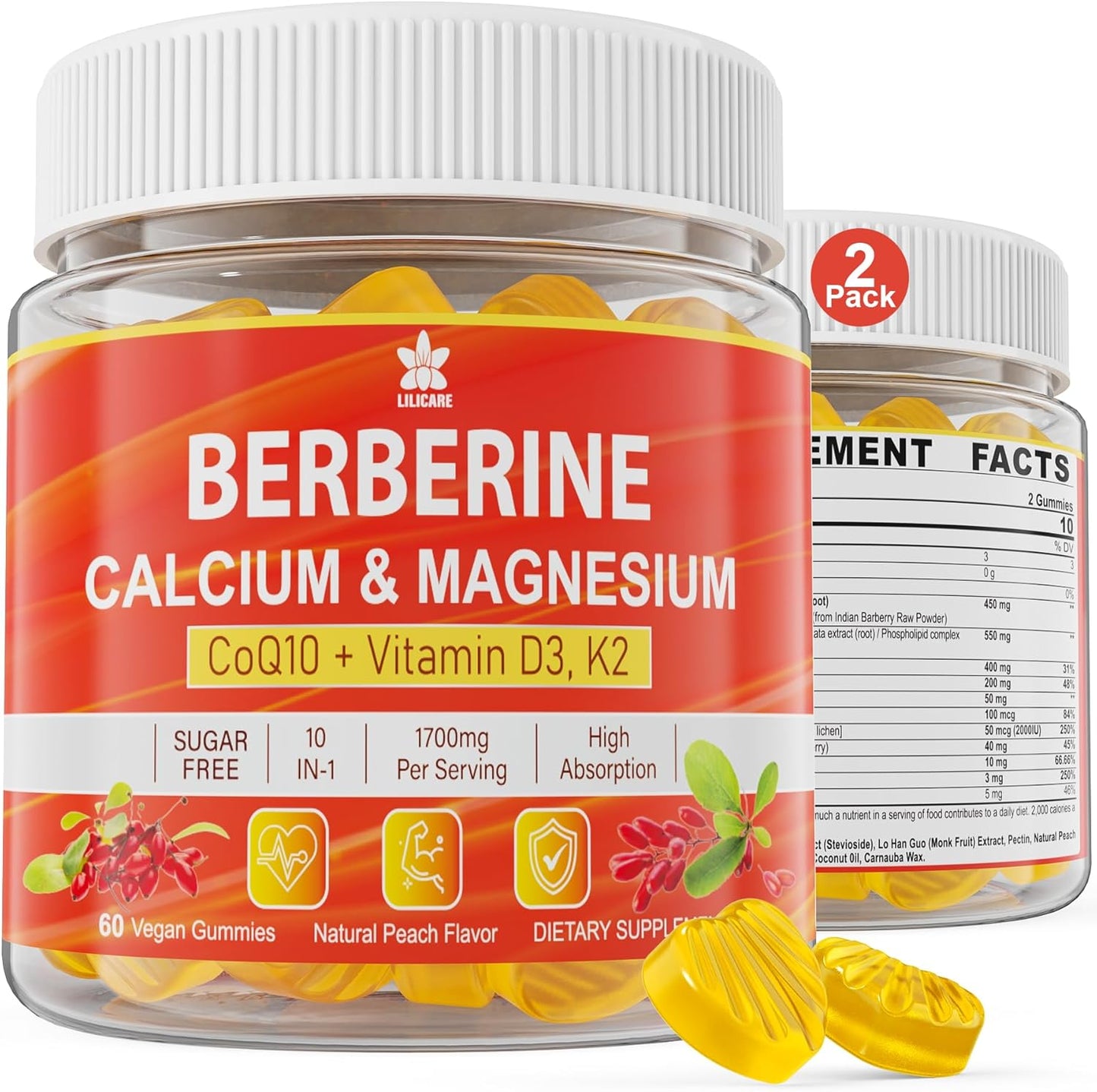 Sugar-Free Vitamin D3 K2 Gummies with Calcium, Magnesium, Vitamin C + Berberine Supplement