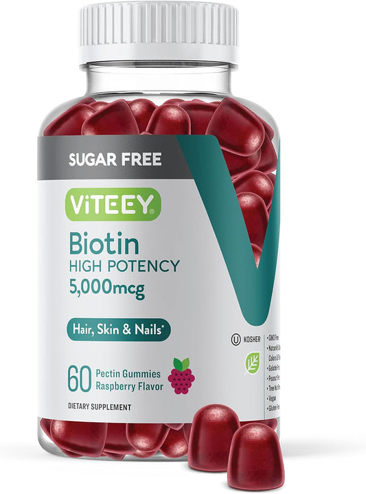 Sugar-Free Viteey Biotin Gummies 5,000mcg for Hair, Skin, Nails - Vegan, Gluten-Free - Raspberry Flavor - Hair Growth, Healthy Skin, Strong Nails
