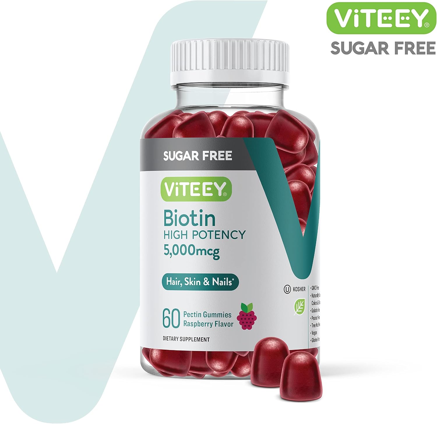 Sugar-Free Viteey Biotin Gummies 5,000mcg for Hair, Skin, Nails - Vegan, Gluten-Free - Raspberry Flavor - Hair Growth, Healthy Skin, Strong Nails
