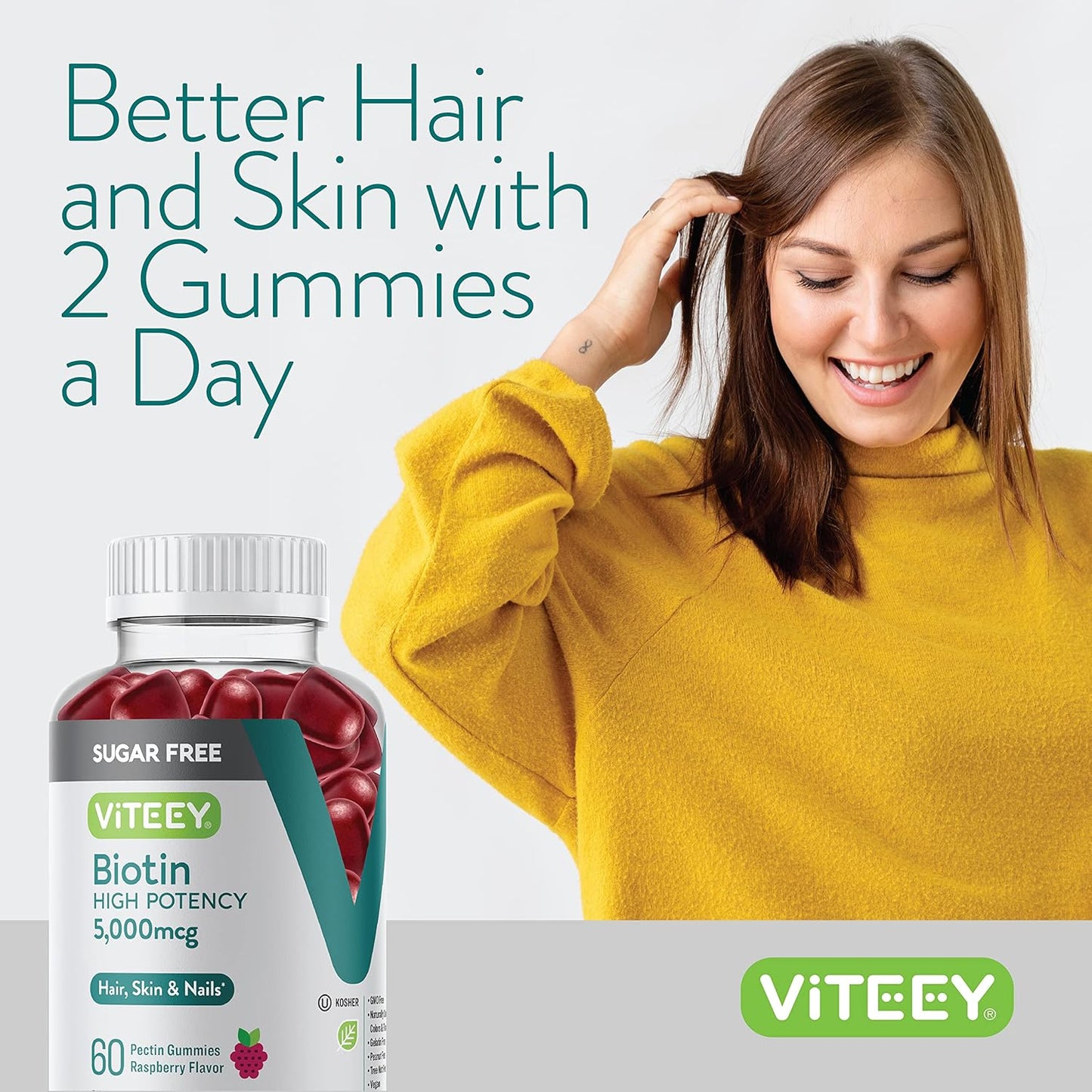 Sugar-Free Viteey Biotin Gummies 5,000mcg for Hair, Skin, Nails - Vegan, Gluten-Free - Raspberry Flavor - Hair Growth, Healthy Skin, Strong Nails