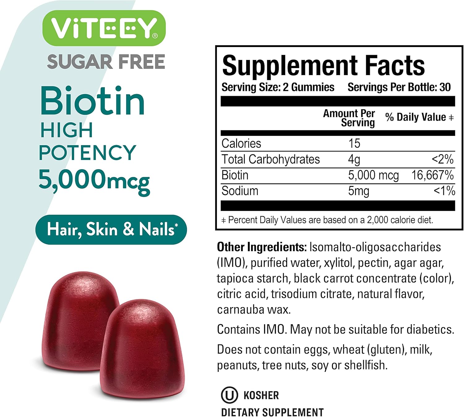 Sugar-Free Viteey Biotin Gummies 5,000mcg for Hair, Skin, Nails - Vegan, Gluten-Free - Raspberry Flavor - Hair Growth, Healthy Skin, Strong Nails