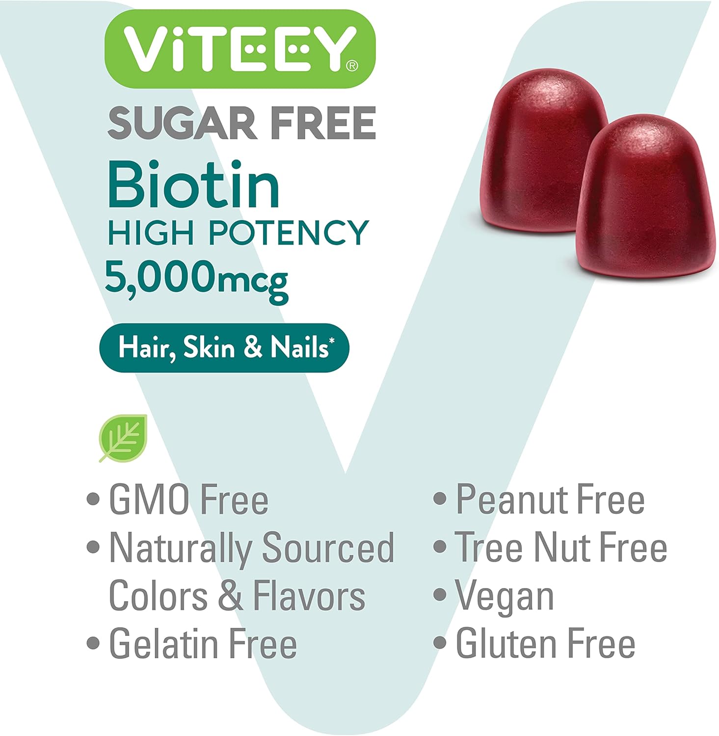 Sugar-Free Viteey Biotin Gummies 5,000mcg for Hair, Skin, Nails - Vegan, Gluten-Free - Raspberry Flavor - Hair Growth, Healthy Skin, Strong Nails