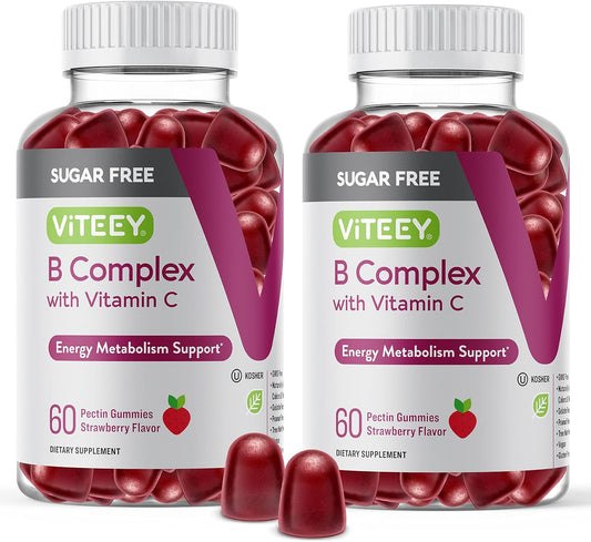 Sugar-Free Viteey Vitamin B Complex Gummies with Vitamin C for Energy & Metabolism - Vegan Strawberry Flavored Chewable Gummy Supplement