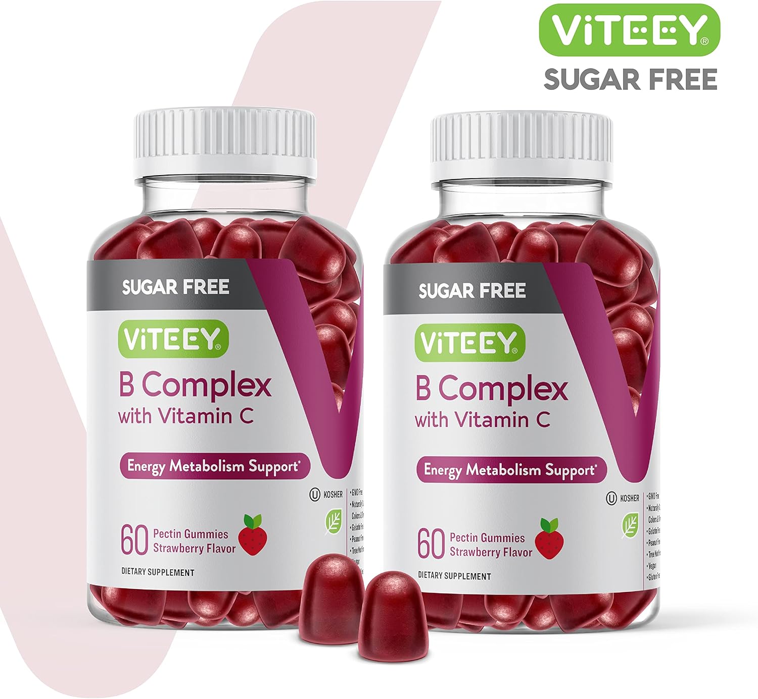Sugar-Free Viteey Vitamin B Complex Gummies with Vitamin C for Energy & Metabolism - Vegan Strawberry Flavored Chewable Gummy Supplement