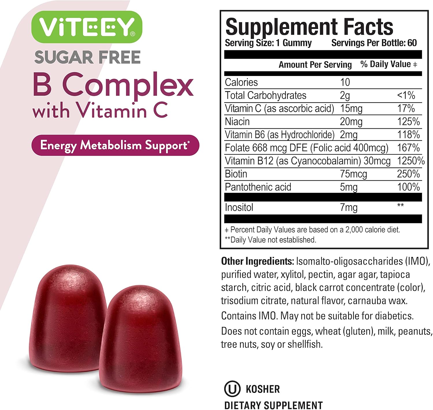 Sugar-Free Viteey Vitamin B Complex Gummies with Vitamin C for Energy & Metabolism - Vegan Strawberry Flavored Chewable Gummy Supplement