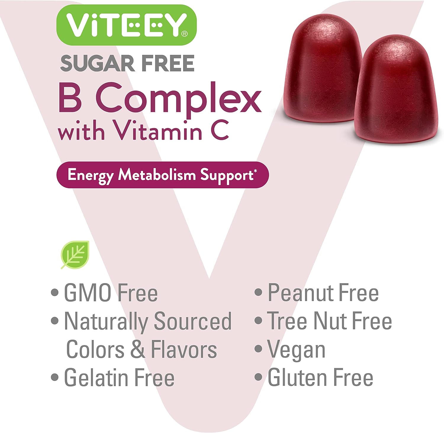 Sugar-Free Viteey Vitamin B Complex Gummies with Vitamin C for Energy & Metabolism - Vegan Strawberry Flavored Chewable Gummy Supplement