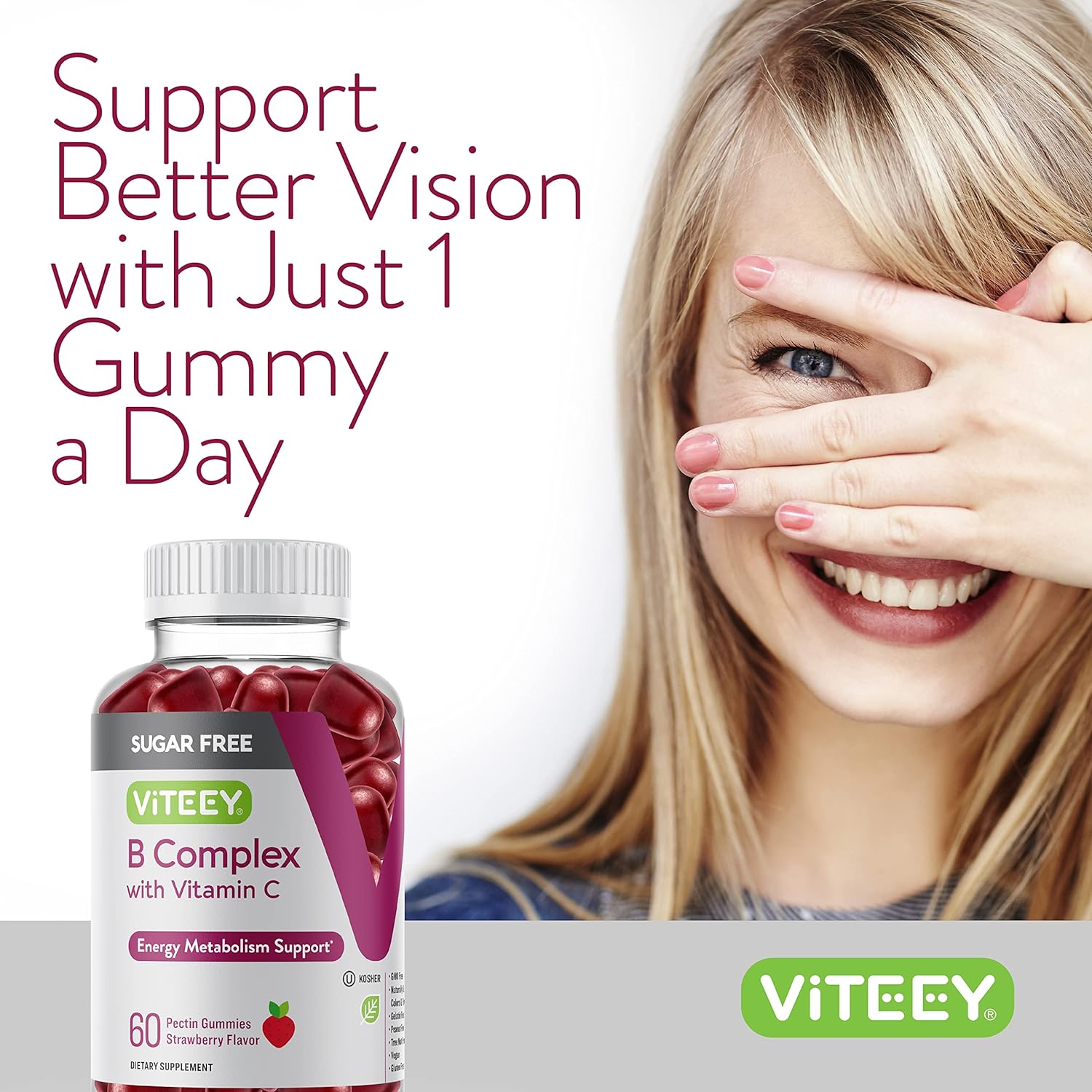 Sugar-Free Viteey Vitamin B Complex Gummies with Vitamin C for Energy & Metabolism - Vegan Strawberry Flavored Chewable Gummy Supplement