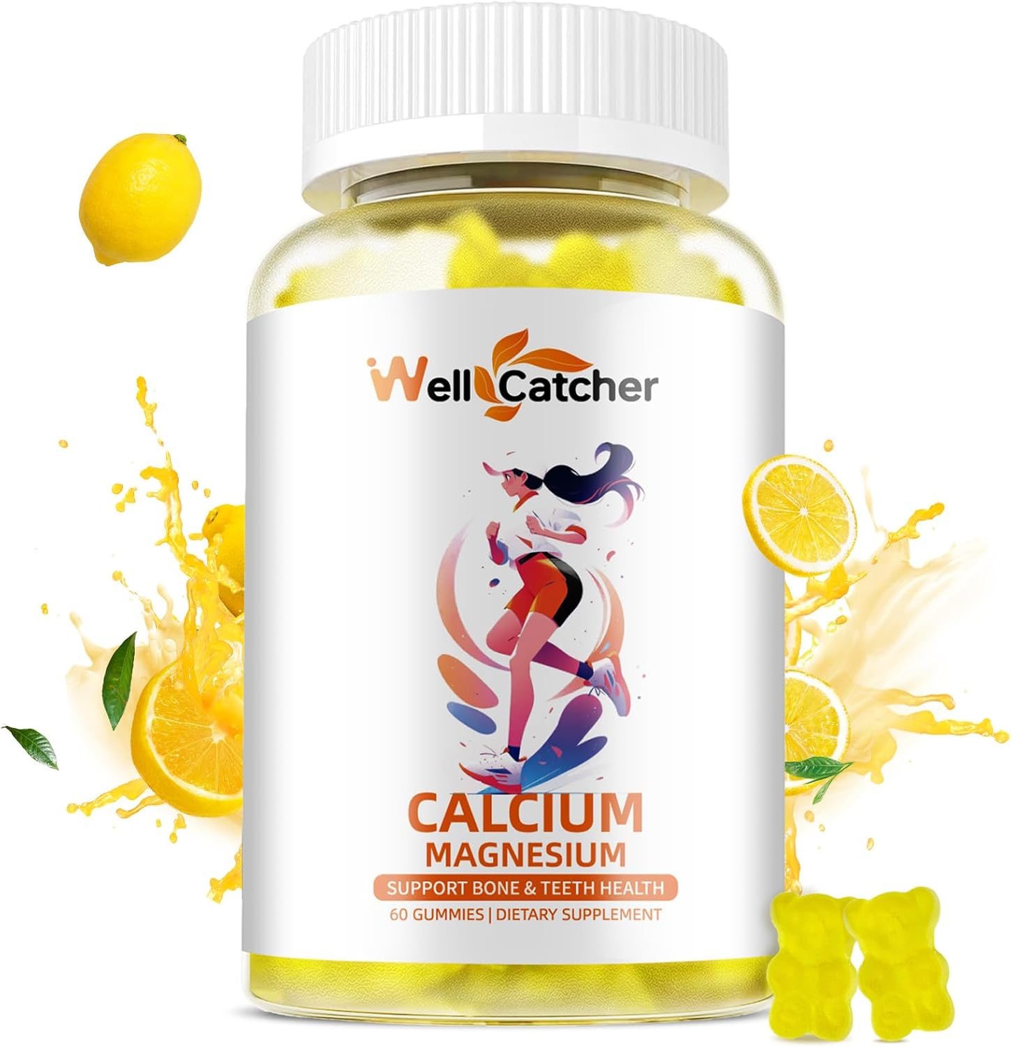 Sugar-Free Wellcatcher Calcium Magnesium Gummies - Vegan Algae Supplements for Bone Health - Lemon Flavor - 60CT