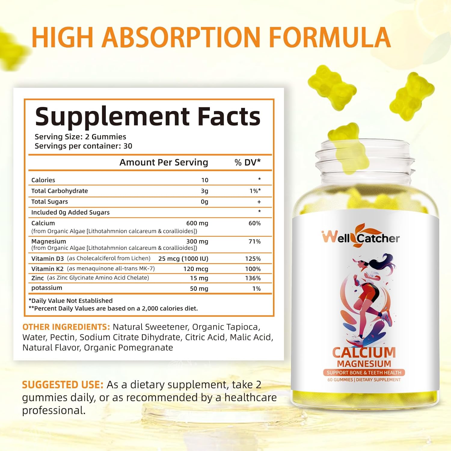 Sugar-Free Wellcatcher Calcium Magnesium Gummies - Vegan Algae Supplements for Bone Health - Lemon Flavor - 60CT