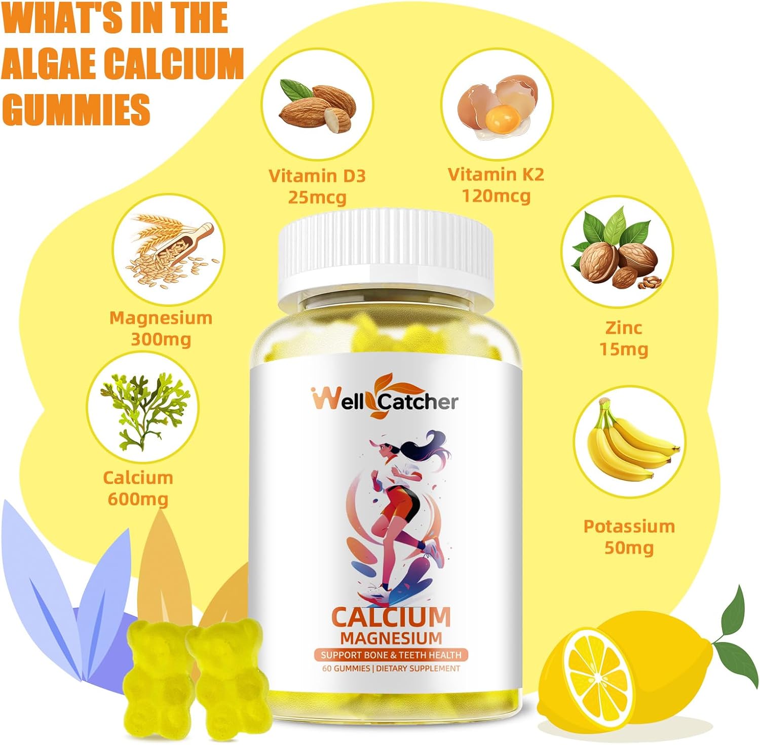Sugar-Free Wellcatcher Calcium Magnesium Gummies - Vegan Algae Supplements for Bone Health - Lemon Flavor - 60CT
