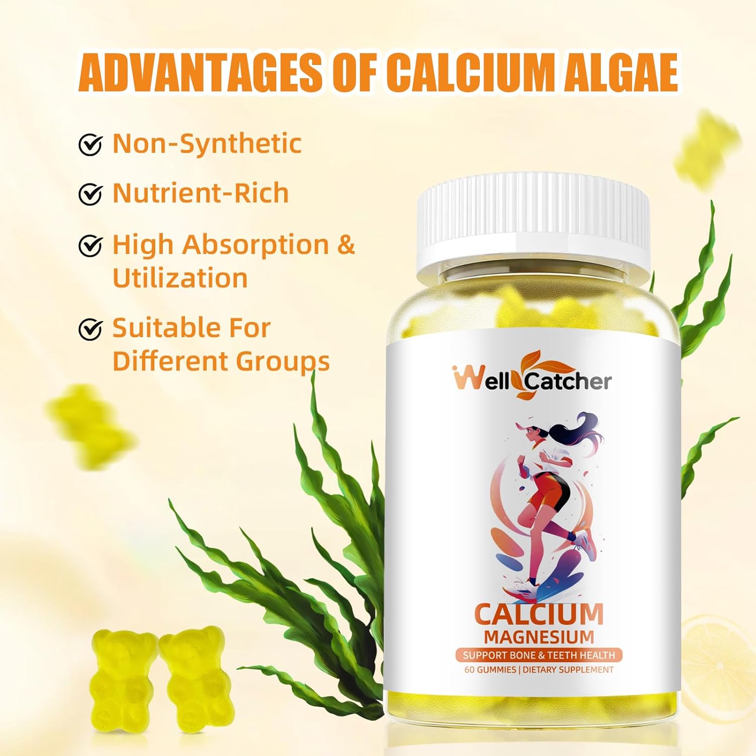 Sugar-Free Wellcatcher Calcium Magnesium Gummies - Vegan Algae Supplements for Bone Health - Lemon Flavor - 60CT