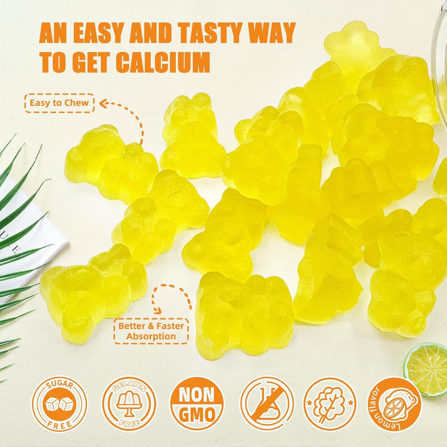 Sugar-Free Wellcatcher Calcium Magnesium Gummies - Vegan Algae Supplements for Bone Health - Lemon Flavor - 60CT