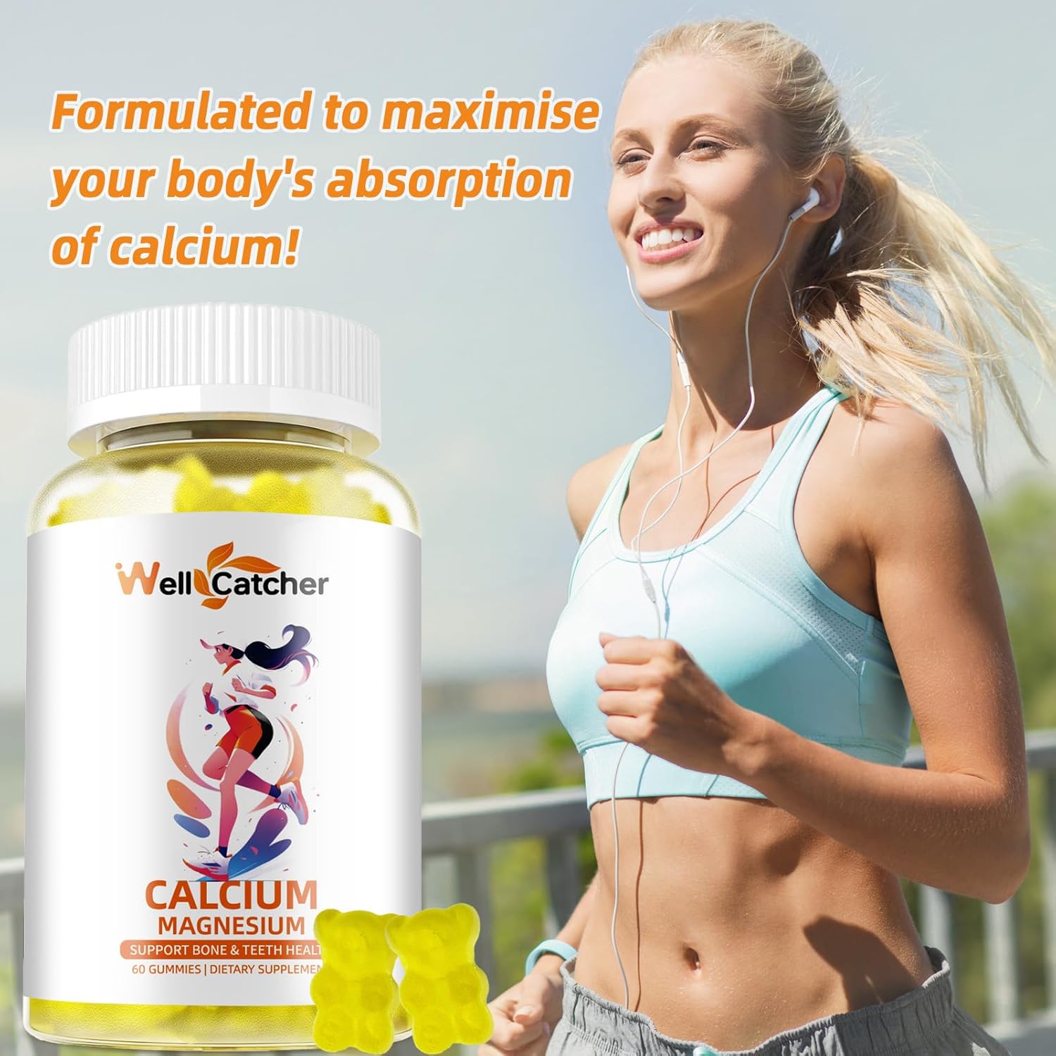 Sugar-Free Wellcatcher Calcium Magnesium Gummies - Vegan Algae Supplements for Bone Health - Lemon Flavor - 60CT