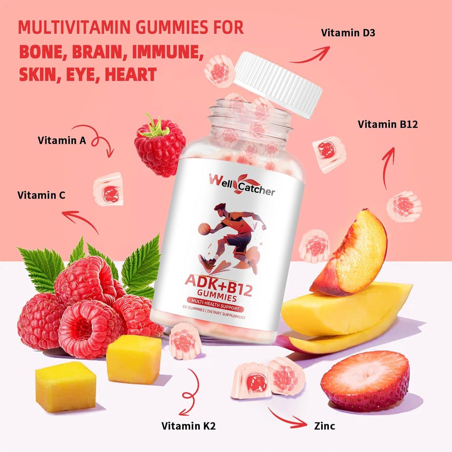 Sugar Free Wellcatcher Vitamin ADK+B12 Gummies - Vegan Multivitamin Supplement for Men and Women with Vitamin D3, K2, B12, K2 (MK-7) - Supports Bone, Brain, Immune System, Skin, Eye, and Heart Health - 60 Count Raspberry Flavored - 1 Pack