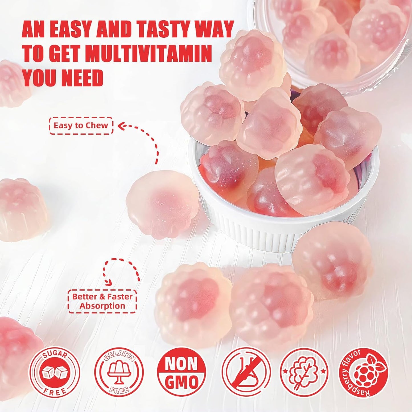 Sugar Free Wellcatcher Vitamin ADK+B12 Gummies - Vegan Multivitamin Supplement for Men and Women with Vitamin D3, K2, B12, K2 (MK-7) - Supports Bone, Brain, Immune System, Skin, Eye, and Heart Health - 60 Count Raspberry Flavored - 1 Pack