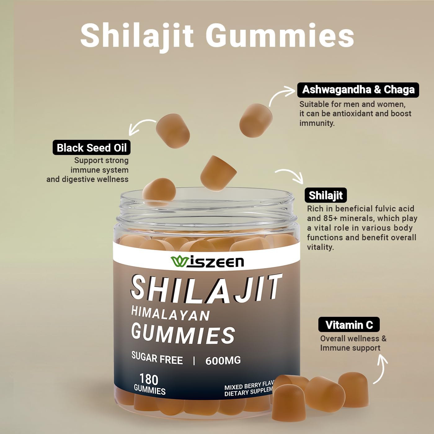 Sugar Free Wiszeen Shilajit Gummies with Black Seed Oil for Energy & Immunity, Himalayan Shilajit Gummy for Men & Women