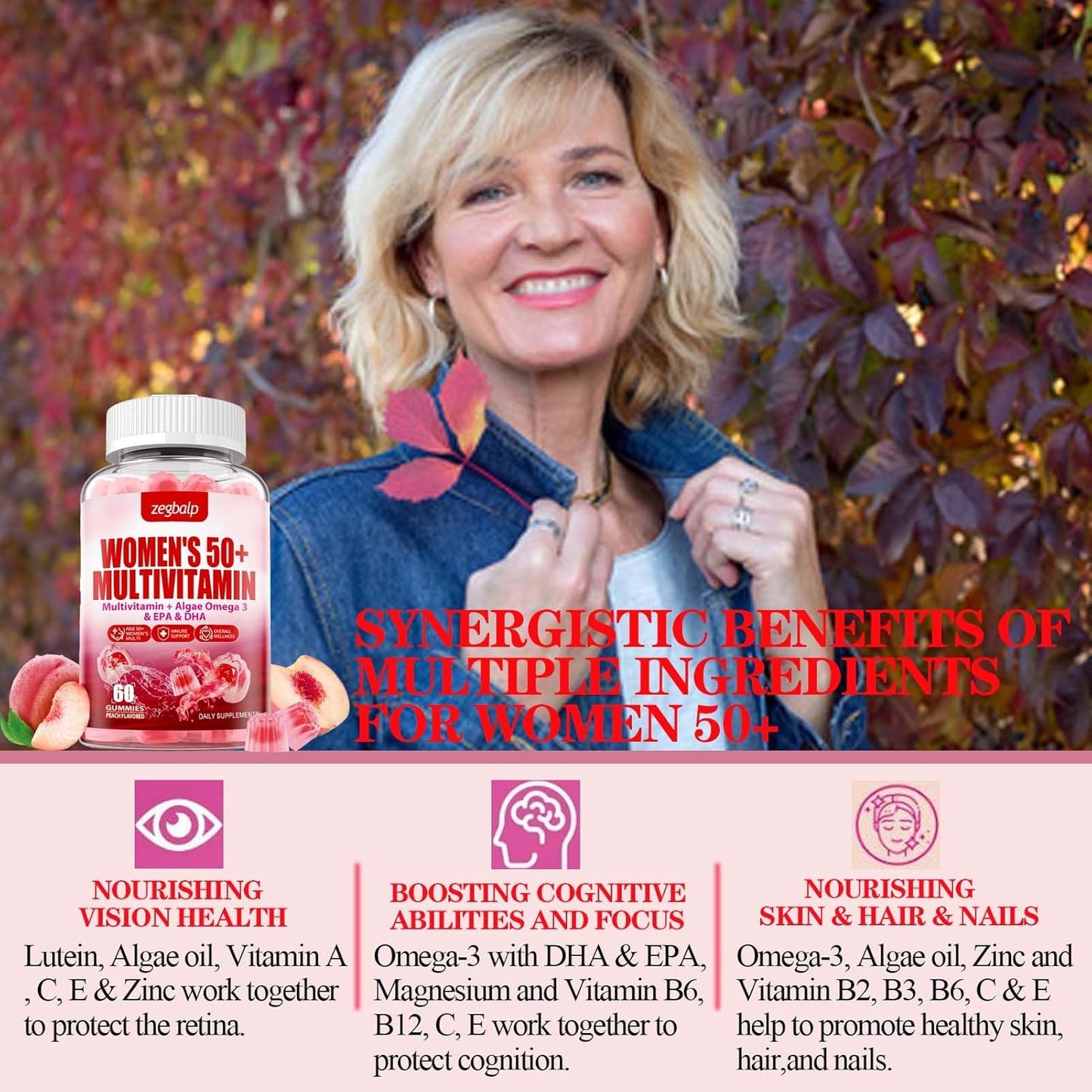 Sugar-Free Women's Multivitamin 50 Plus Gummies with Essential Nutrients for Skin, Energy, Eye, and Immune Support