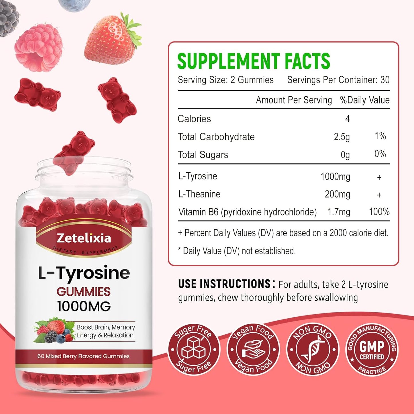 Sugar-Free Zetelixia L-Tyrosine & L-Theanine Gummies for Mood & Focus - 120 Count with Vitamin B6 - Energy Supplement for Adults & Kids