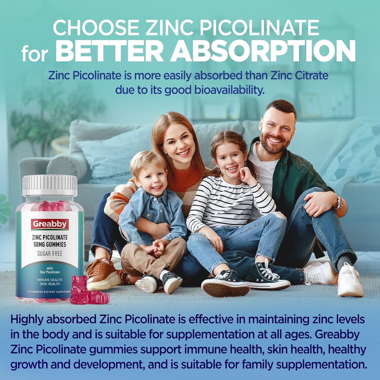 Sugar-Free Zinc Picolinate Gummies - 50mg Highly Absorbable Supplement for Growth, Immune System & Skin Health - 60 Gummies for Kids & Adults