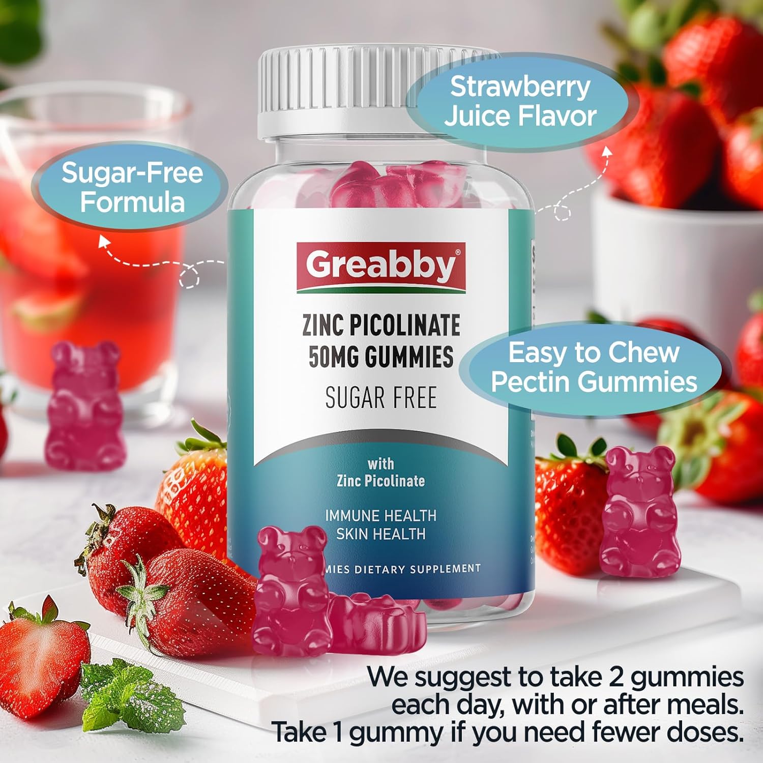 Sugar-Free Zinc Picolinate Gummies - 50mg Highly Absorbable Supplement for Growth, Immune System & Skin Health - 60 Gummies for Kids & Adults