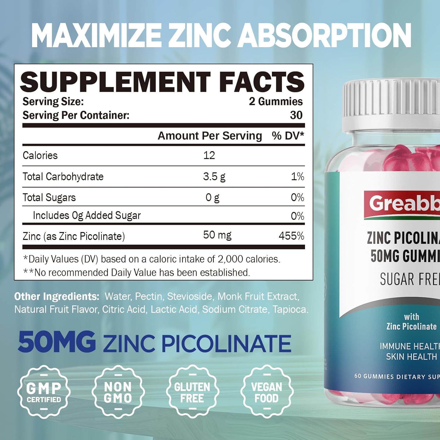 Sugar-Free Zinc Picolinate Gummies - 50mg Highly Absorbable Supplement for Growth, Immune System & Skin Health - 60 Gummies for Kids & Adults