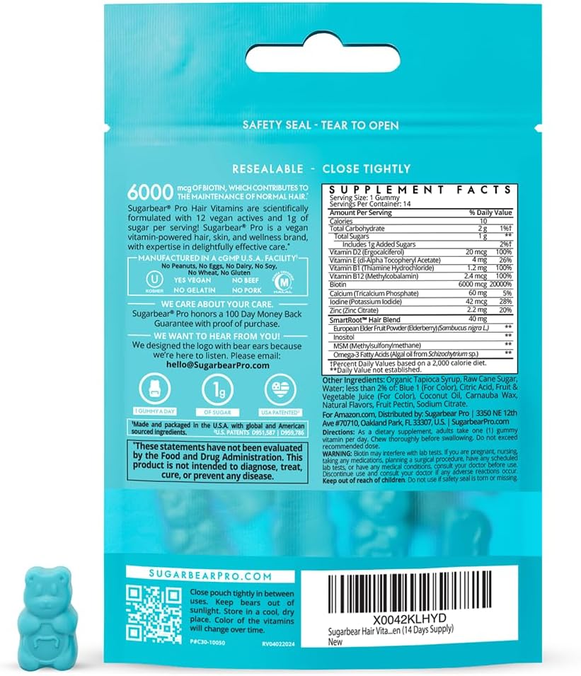SugarbearPro Extra Strength Hair Vitamin Gummies 14-Day Supply with Biotin 6000mcg - Growth for Men & Women - Vegan B12, MSM, Inositol, Omega 3 - Certified Kosher, Halal, Cruelty-Free