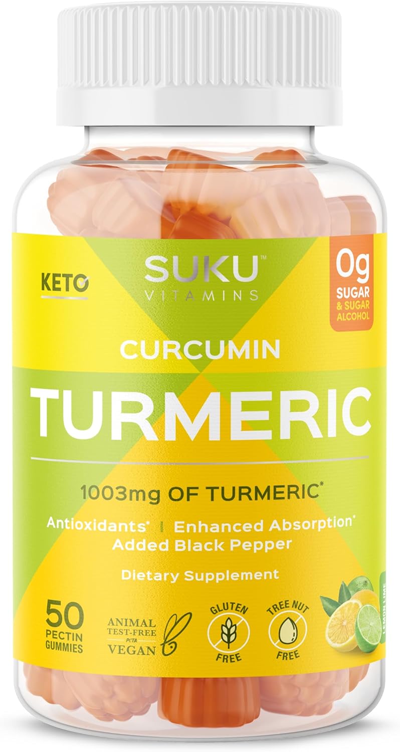 SUKU Turmeric Curcumin Gummies - Sugar Free with Black Pepper for Liver Health, Digestion & Joint Support - Lemon Lime Flavor - 50 Gummies