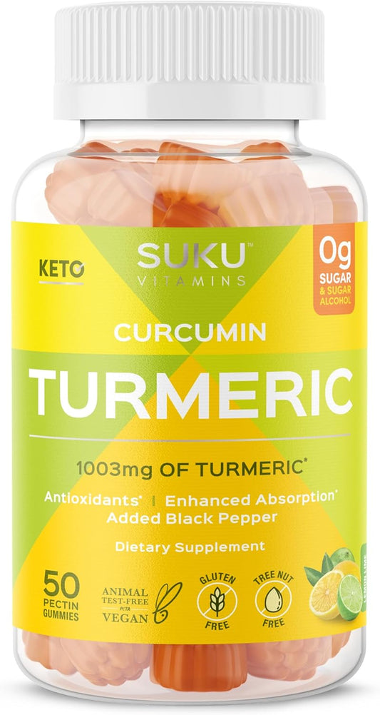 SUKU Turmeric Curcumin Gummies - Sugar Free with Black Pepper for Liver Health, Digestion & Joint Support - Lemon Lime Flavor - 50 Gummies