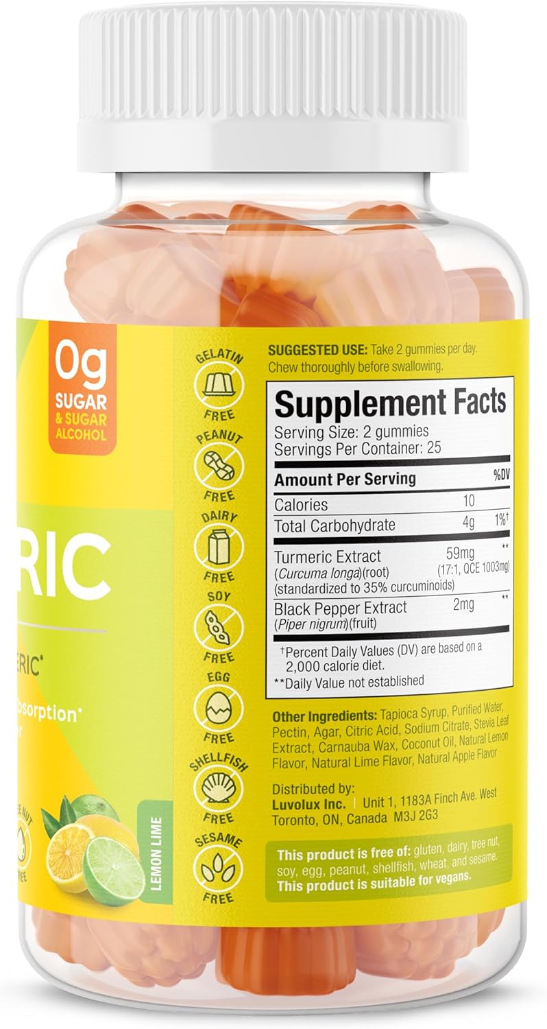 SUKU Turmeric Curcumin Gummies - Sugar Free with Black Pepper for Liver Health, Digestion & Joint Support - Lemon Lime Flavor - 50 Gummies