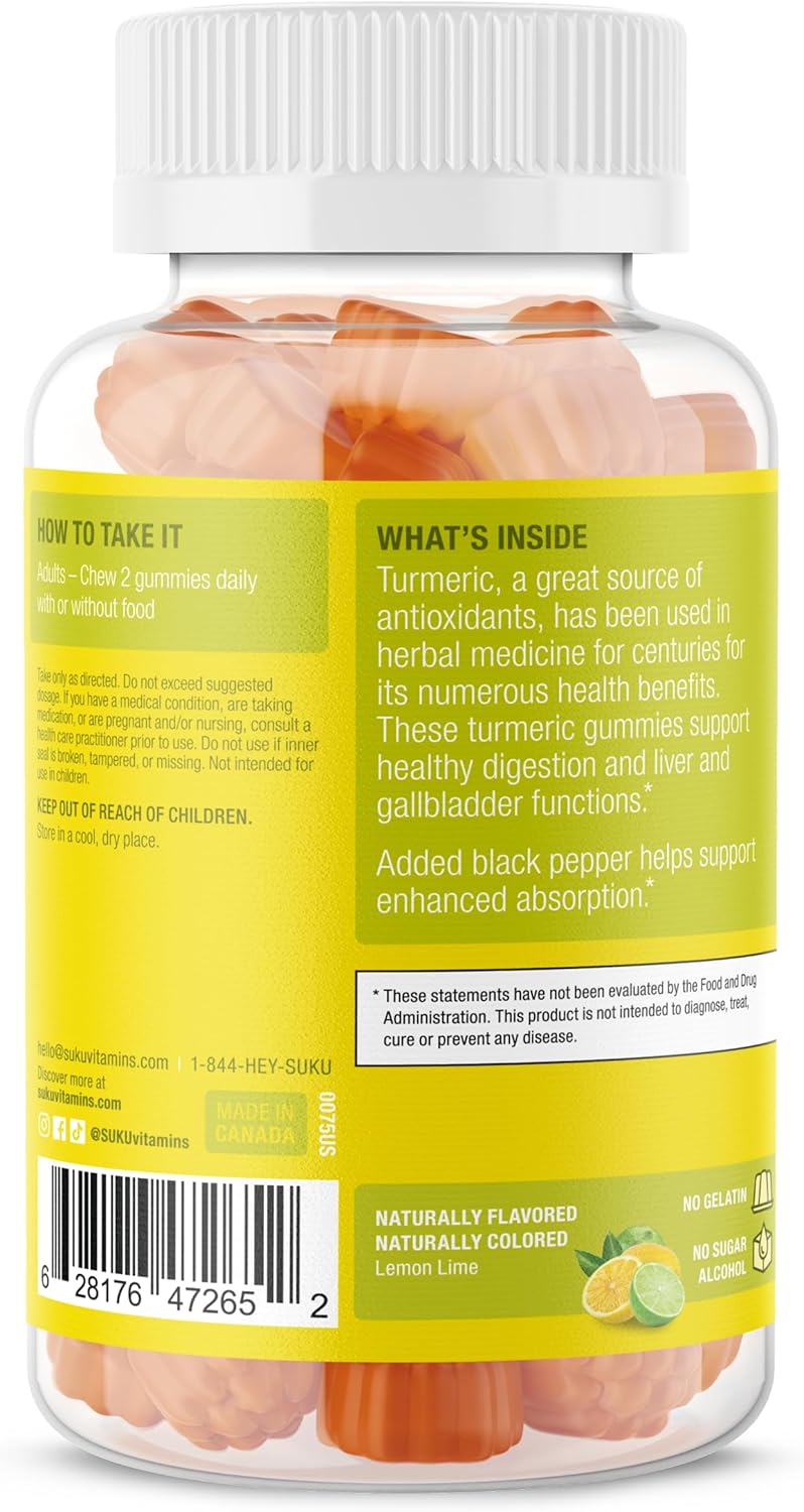 SUKU Turmeric Curcumin Gummies - Sugar Free with Black Pepper for Liver Health, Digestion & Joint Support - Lemon Lime Flavor - 50 Gummies