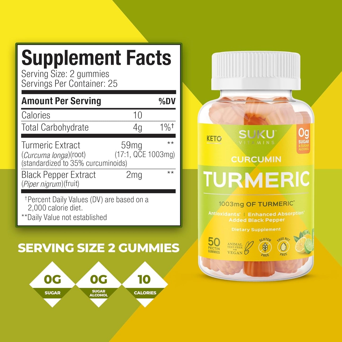 SUKU Turmeric Curcumin Gummies - Sugar Free with Black Pepper for Liver Health, Digestion & Joint Support - Lemon Lime Flavor - 50 Gummies