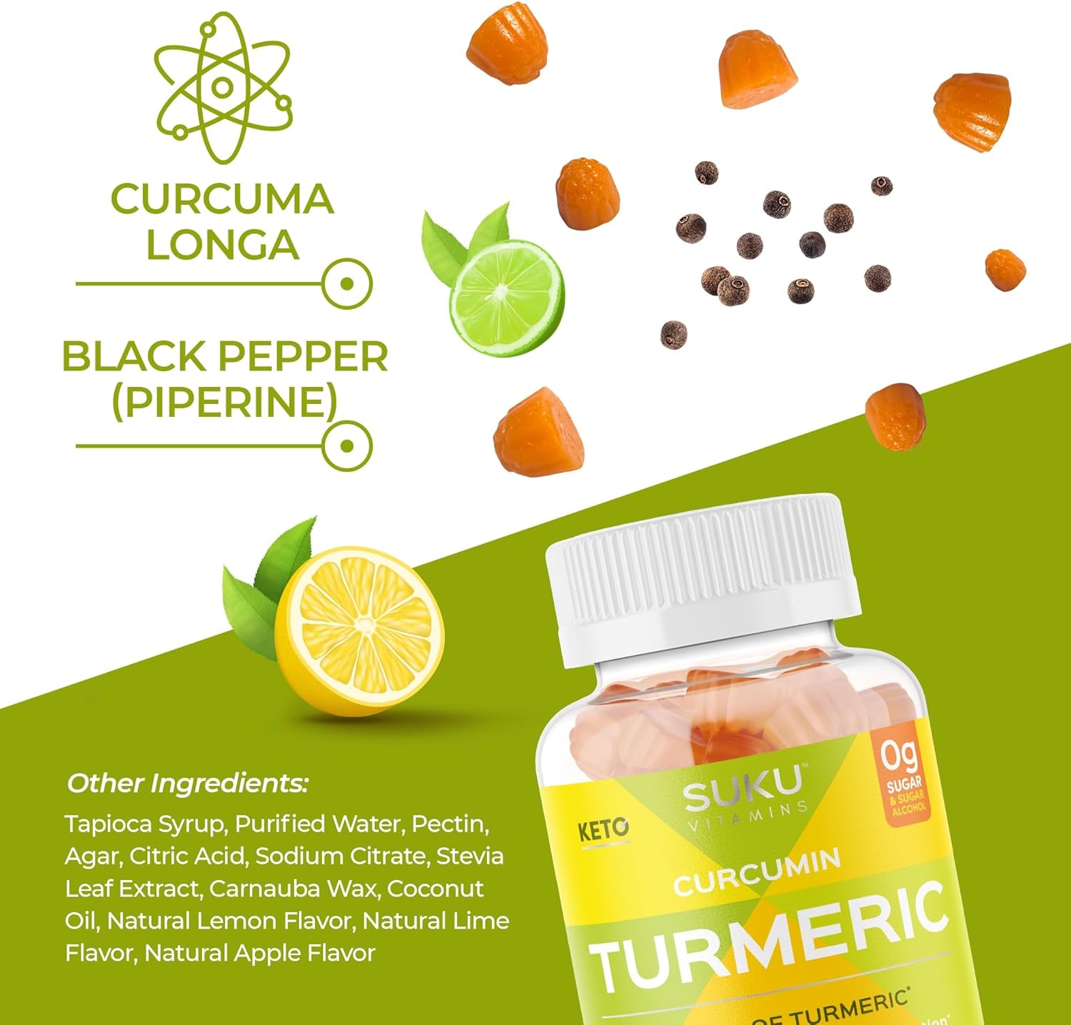 SUKU Turmeric Curcumin Gummies - Sugar Free with Black Pepper for Liver Health, Digestion & Joint Support - Lemon Lime Flavor - 50 Gummies