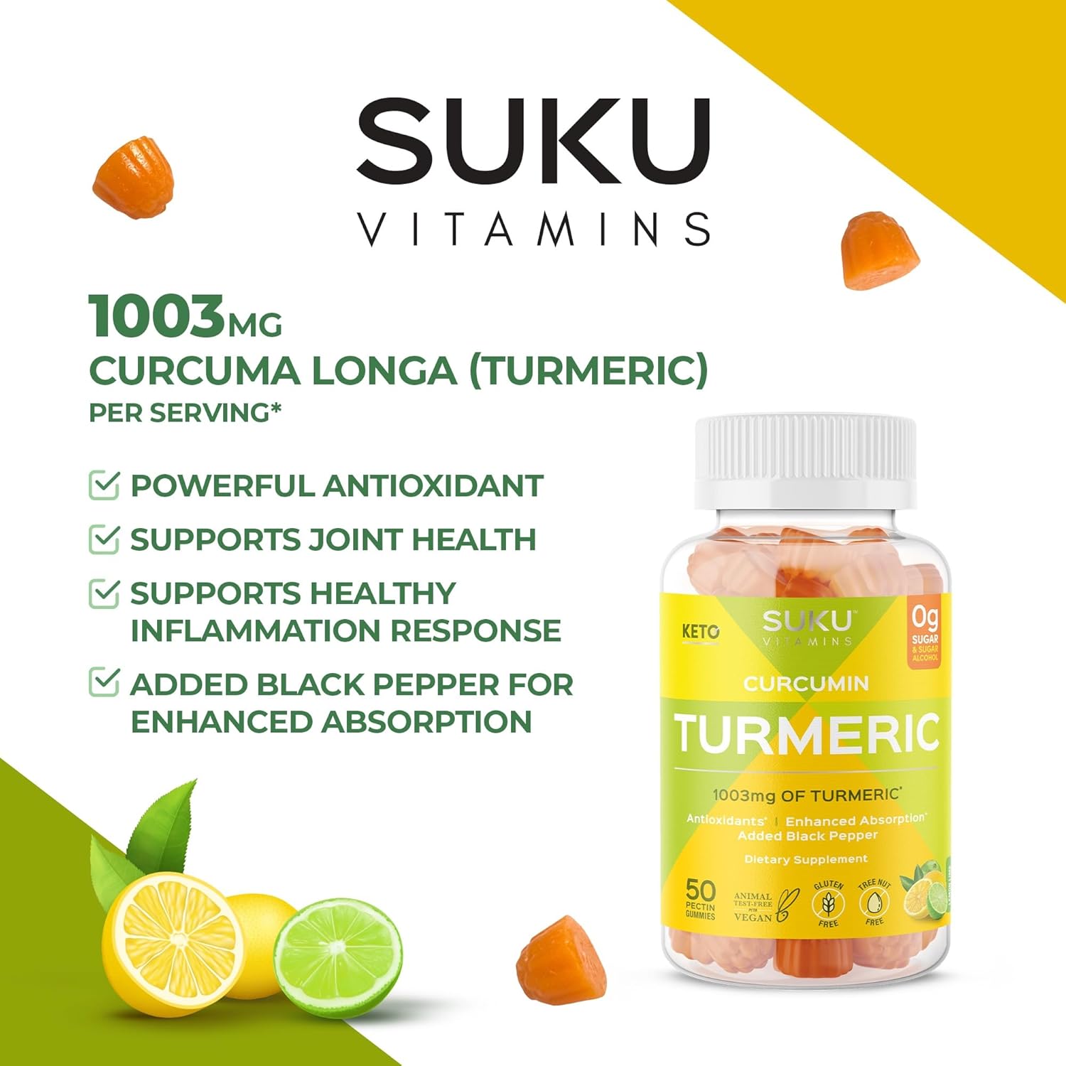 SUKU Turmeric Curcumin Gummies - Sugar Free with Black Pepper for Liver Health, Digestion & Joint Support - Lemon Lime Flavor - 50 Gummies