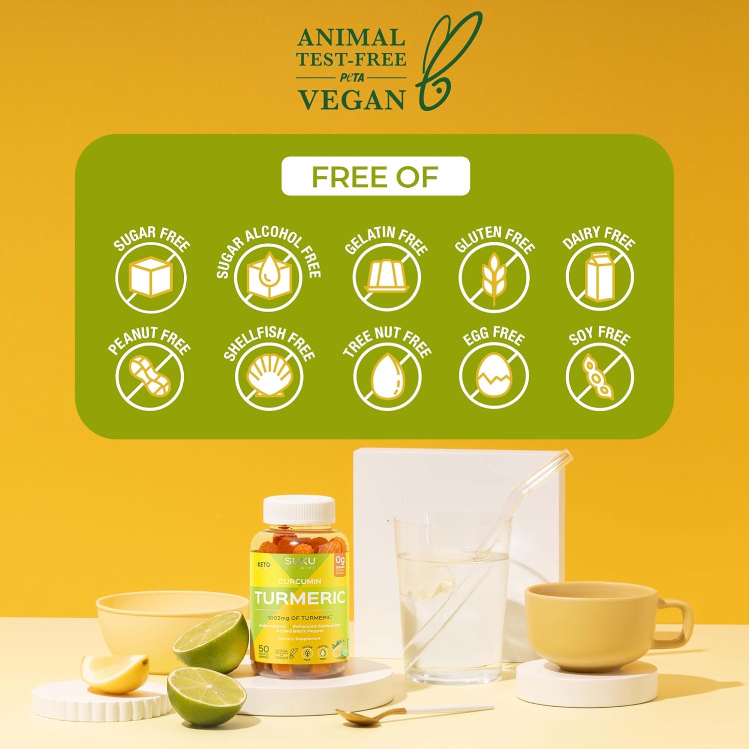 SUKU Turmeric Curcumin Gummies - Sugar Free with Black Pepper for Liver Health, Digestion & Joint Support - Lemon Lime Flavor - 50 Gummies